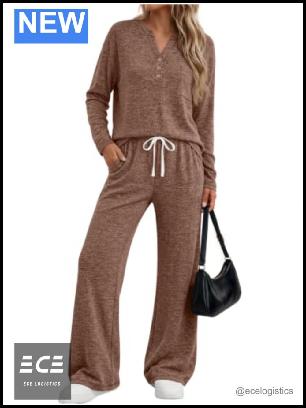 2 Piece Lounge Set Henley Neck Brushed Fleece Travel Sweatsuit